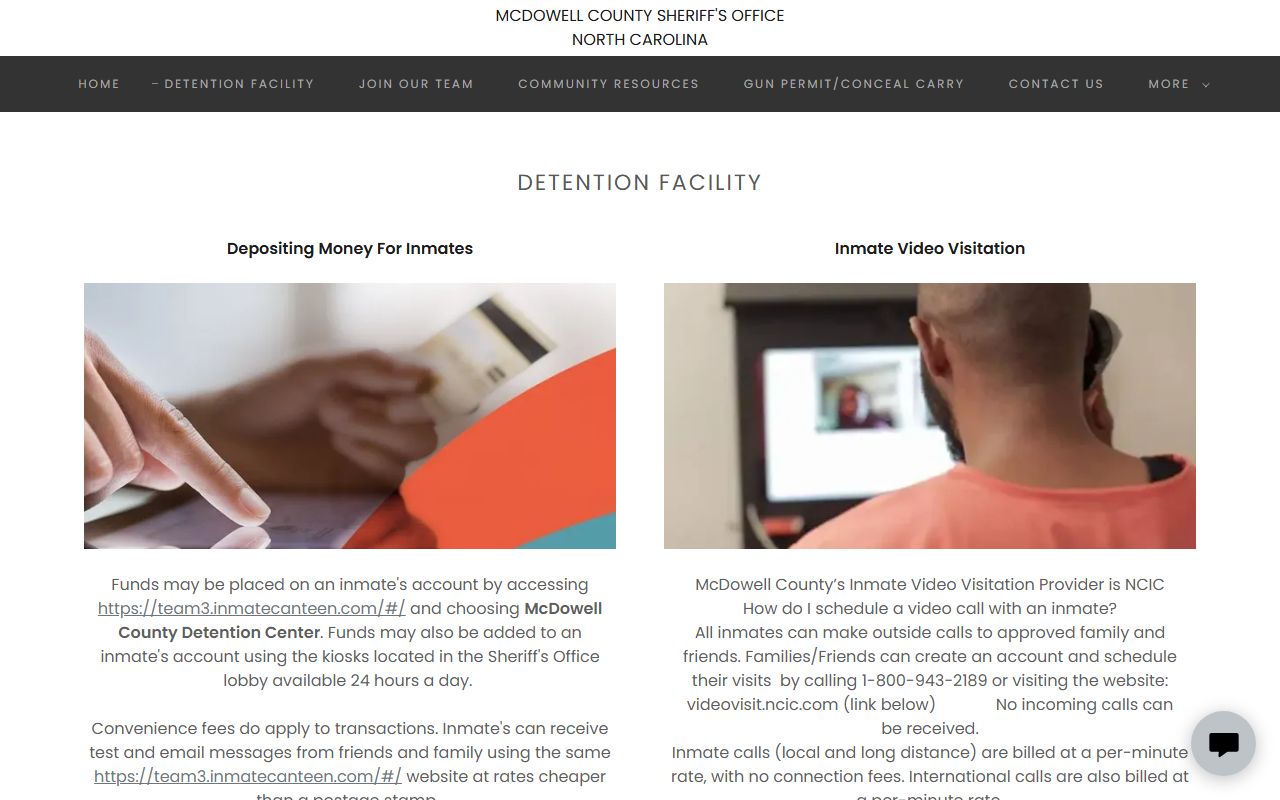 McDowell County inmate money deposits and detention services