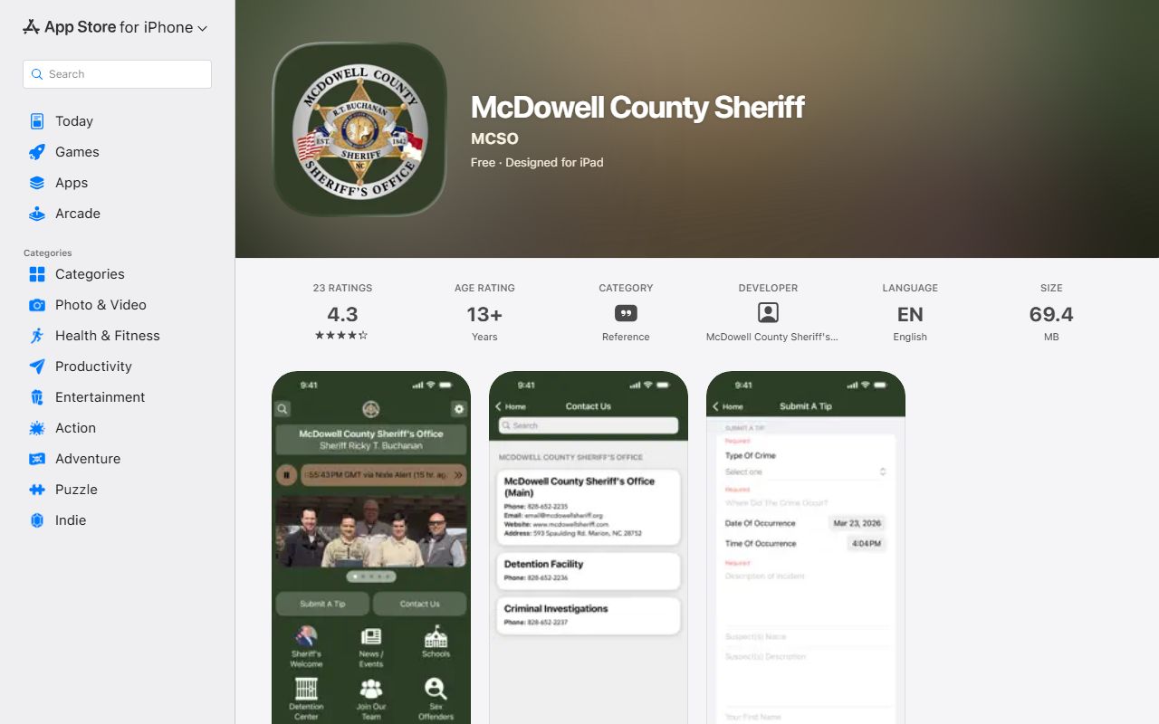 McDowell County inmate search iOS sheriff app listing